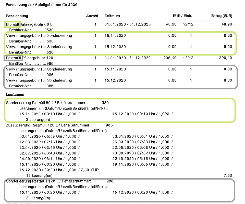2021 01 07 Darstellung Sonderleerung auf Gebhrenbescheid